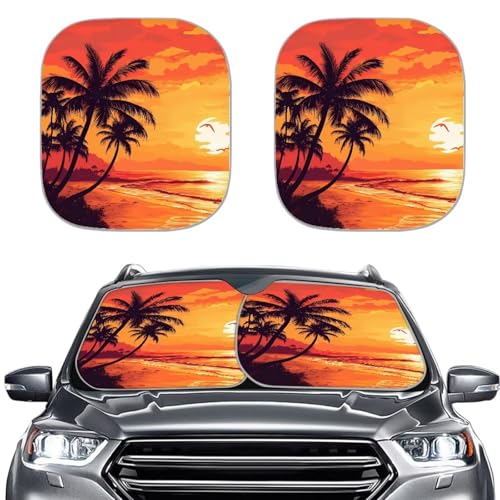 Car Sun Shade for Windshield, Palm Tree Sunshade Car Sun Visor Protector Sun Reflector Blocks UV Sun and Keeps Your Vehicle Cool, Easy to Install - color: Beach Palm Tree Sunset Orange