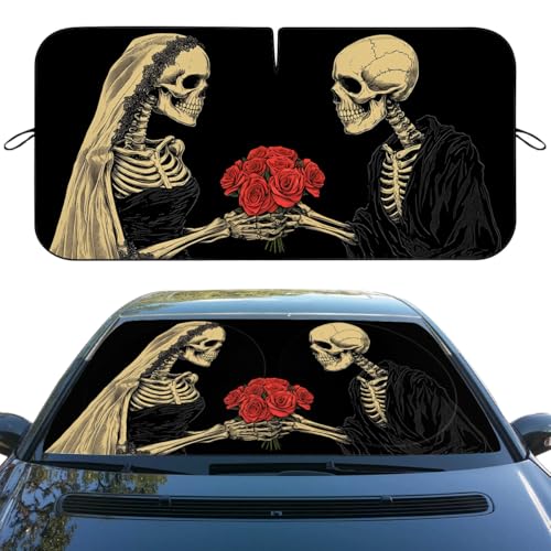Funny Skull Car Windshield Sunshade - Folding Gothic Hippie Skeleton Heatshield Front Window Car Sun Shade Block UV Rays Sun Shade Visor Protector for Sedan, Truck, SUV Accessories - color: Gothic Skull, size: 59"L x 31.5"W