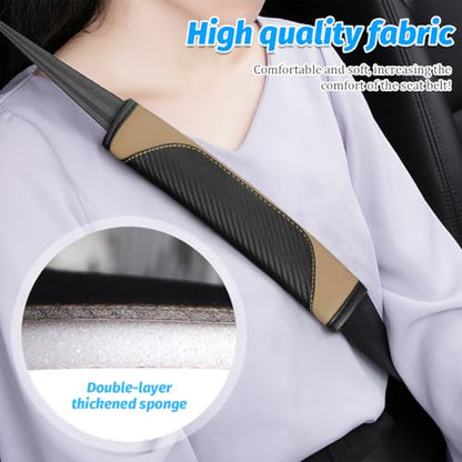 2PCS Carbon Fiber Car Seat Belt Cover, Leather Comfortable Soft Vehicle Seatbelt Pad for Shoulder & Neck, Automotive Interior Seat Strap Cushion Mat, Universal Fit (Black/Beige) - color: Black/Beige