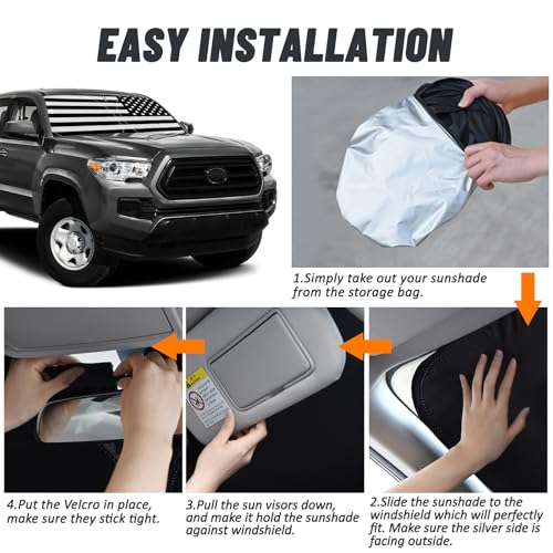 D-Lumina Windshield Sun Shade for 2016-2023 Toyo-ta Tacoma Accessories, Front Window Sunshade American Flag Sun Visor Protector Sun Shield Block UV Rays Heat, Foldable 2 Layers 210T Material - size: Silver & Black-Fit 2016-2023 Toyota Tacoma
