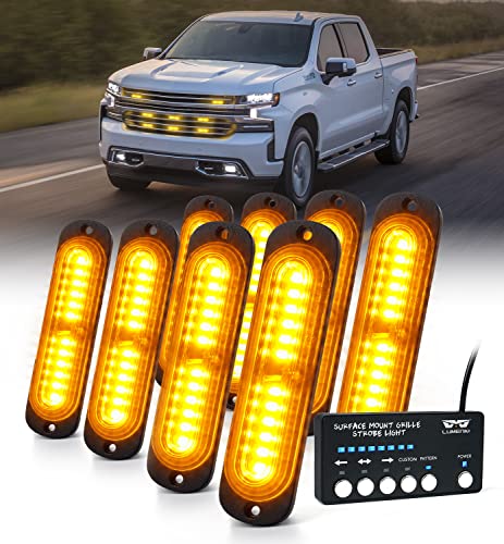 LUMENIX Amber LED Surface Mount Strobe Flashing Lights Kit w/Control Box, 8PCS Grille Side Marker Emergency Warning Caution Light Assemblies for Vehicles Trucks SUV Cars Vans (Ultra Slim Sync Feature) - color: Amber
