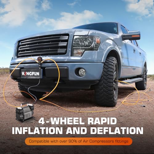 Kingfun 4 Tire Inflation & Deflation System, Rapid High Flow 4 Way Tire Inflator Hose Kit with Digital Pressure Gauge, Fits Up to 220" Wheelbase for Off-Road, Jeep, Truck, SUV