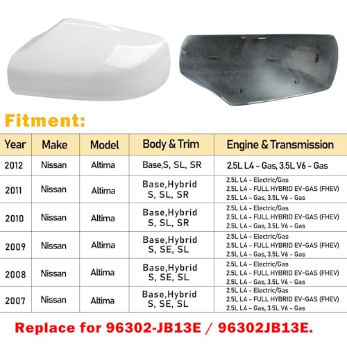 Moonlinks Mirror Cover Replacement Compatible With Nissan Altima 2.5L 2007 2008 2009 2010 2011 2012, Pearly White Left Driver Side Clip-on Mirror Cap WITHOUT Turn Signal, Replace for 96302-JB13E - color: Left White