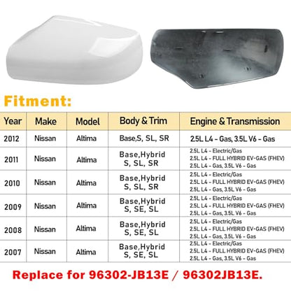 Moonlinks Mirror Cover Replacement Compatible With Nissan Altima 2.5L 2007 2008 2009 2010 2011 2012, Pearly White Left Driver Side Clip-on Mirror Cap WITHOUT Turn Signal, Replace for 96302-JB13E - color: Left White
