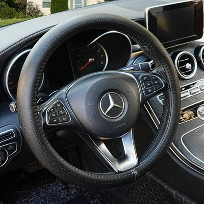 Black Genuine Leather Car Steering Wheel Cover Men Women,Cowhide Wheel Cover,Soft,Breathable,Anti-Slip,Luxury Steering Wheel Cover,Large Size 15.5-16 inch(L) - size: Large Size[15 1/2''-16'']