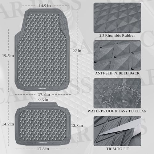 CAR PASS Gray Rubber Car Mats, All-Weather Floor Mats Full Set Durable Anti-Slip 3D Rhombus Waterproof Automotive Pad Trim to Fit Liner Universal Fit for Sedan SUV Truck Van, 4 Pcs All Gray Rubber - color: Gray