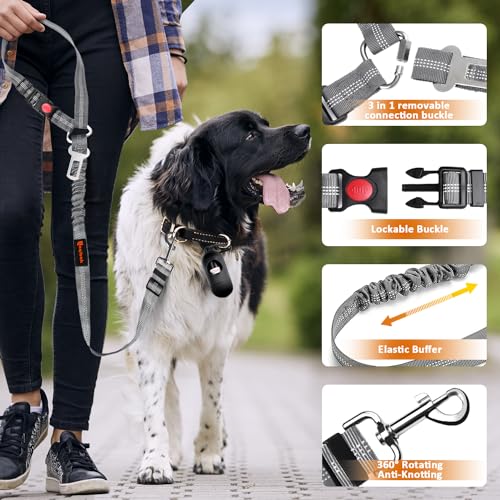Removable Dog Seat Belt Harness for Car, 3 in 1 Pet Dog Car Seatbelt Leash, Retractable Restraint Secures to Vehicle Headrest & Adjustable Reflective Bungee Dog Seatbelt Tether, Grey - color: 2PCS Grey