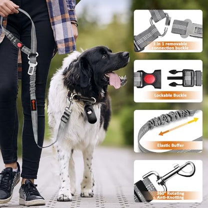 Removable Dog Seat Belt Harness for Car, 3 in 1 Pet Dog Car Seatbelt Leash, Retractable Restraint Secures to Vehicle Headrest & Adjustable Reflective Bungee Dog Seatbelt Tether, Grey - color: 2PCS Grey
