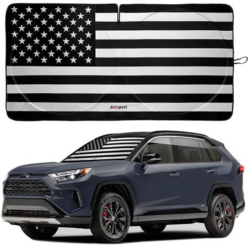 Autopect Windshield Sun Shade - American Flag Design, High-Resolution Sun Visor for Car, Truck, SUV with Mirror Cut-Out for Interior Sun Protection, Foldable Car Sun Shade (Black and White, Medium) - color: USA B&W FLAG, size: Medium