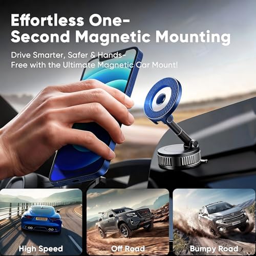 Magnetic Phone Holder for Car, 360° Rotation Magnetic Car Phone Mount, Vacuum Suction Dashboard Windshield Cell Phone Car Mount, Universal Tesla Magnetic Holder for MagSafe iPhone Android