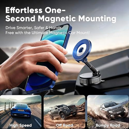 Magnetic Phone Holder for Car, 360° Rotation Magnetic Car Phone Mount, Vacuum Suction Dashboard Windshield Cell Phone Car Mount, Universal Tesla Magnetic Holder for MagSafe iPhone Android