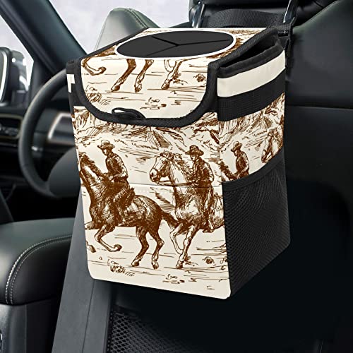 Wild Western Cowboy Car Trash Can with Lid Collapsible Reusable Waterproof Car Garage Bag,Automotive Garbage Can,Car Accessories Interior Car Organizer - color: 220120411