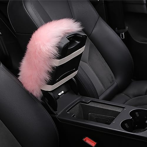 Genuine Sheepskin Center Console Cover Pad Genuine Furry Fluffy Wool Fur Car Armrest Cover Protector Universal Fit for SUV/Truck/Car - color: Long Wool-Pink