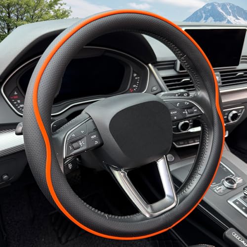 HAOTULE Leather Steering Wheel Cover， with Anti-Slip Stripe Design - Enhanced Grip, Fashion Style, Safe, Non-Slip, Breathable. Upgrade car Interior，Orange - color: Black Orange