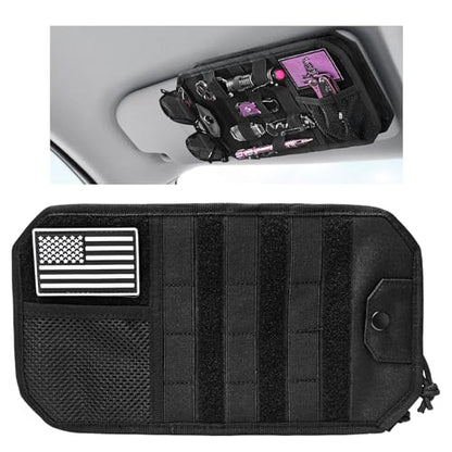 Molle Car Sun Visor Organizer, Multi-Pocket Zippered Visor Pouch with Tactical Panel & Glasses Clip, Sunshade Tactical Gear Storage Organizer for Trucks SUVs Patrol Cars