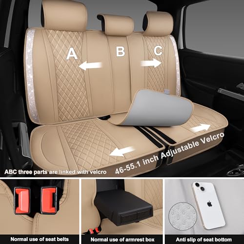 CAR PASS Beige Leather Bling Car Seat Covers Full Set, Luxury Microfiber Nappa PU Cushioned, Waterproof Anti-Slip Universal Fit for Auto SUV Sedan Sparkly Glitter Shining Rhinestone, Beige Diamond - color: Beige Diamond, size: Full Set