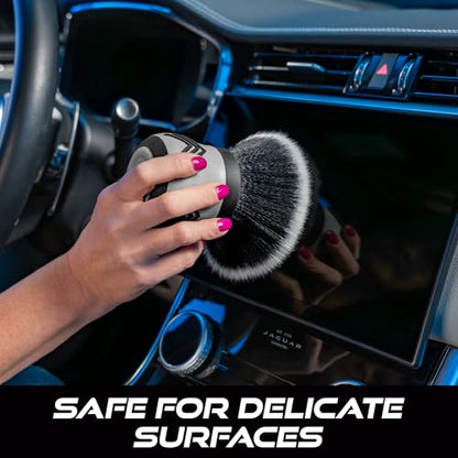 VIKING Car Cleaning Brush for Car Detailing Kit, Super-Soft Bristles for Interior Detail and Cleaning, 5 Inch Diameter, Black/Grey, Storage Stand Included