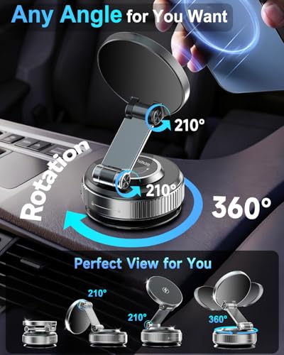 Vacuum Magnetic Car Phone Holder 360° Strongest 120LBS Ultra Suction Cup Phone Mount for MagSafe Dashboard Cell Phone Holders for Your Car/Gym/Mirror Bracket for iPhone 17 & Android, Metal Stand Rotor