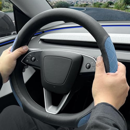 LKWLIKEI Leather Steering Wheel Cover. Elegant Diamond Checkered Design, Non-Slip and Breathable, for Tesla Model 3/Y Steering Wheel Protector,Black Blue - color: Black Blue
