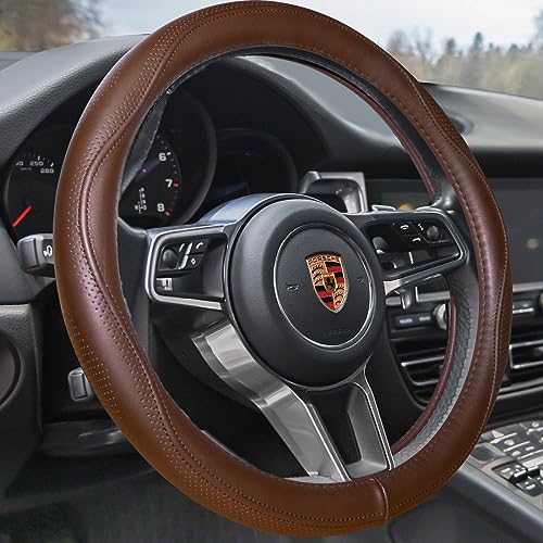 HAOKAY Top Grade Brown Genuine Leather Steering Wheel Cover Men Women, Luxury Steering Wheel Cover for Cars, SUVS and Trucks, Universal 14.5-15 inch - color: BROWN