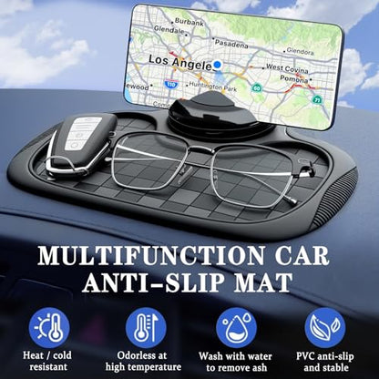 Multifunction Car Anti-Slip Mat Car Dashboard Mat 360° Rotating Adjustable Phone Holder with Hidden Parking Number Plate PVC Grid Style Mat