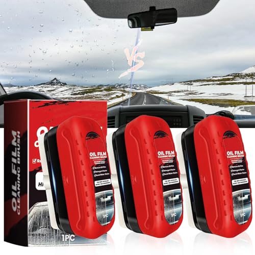 New Automotive Oil Film Cleaning Brush,Oil Film Remover for Car Windshield, Glass Cleaning Board, Universal Anti-Rain Fog Cleaning Glass Brush (3-Red)
