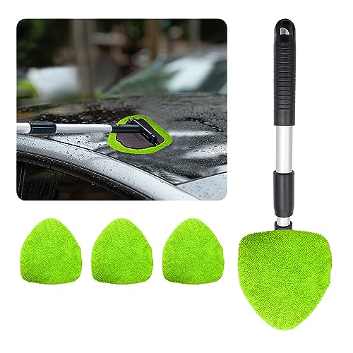 Ziciner Car Windshield Cleaner, Microfiber Auto Cleaning Wiper with Aluminum Extendable Handle and 2 Washable Reusable Cloth Pad Head, Universal Vehicle Interior Exterior Cleaner Kit (Green-Triangle) - size: Green-triangle