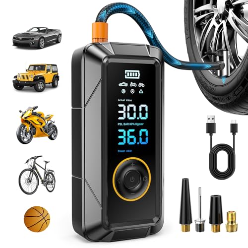 Tire Inflator Portable Air Compressor Portable Air Pump Cordless Bike Pump with Digital Dual Values Display 150 PSI Car Tires Pump with LED Lights Air Pump - color: Yellow Black