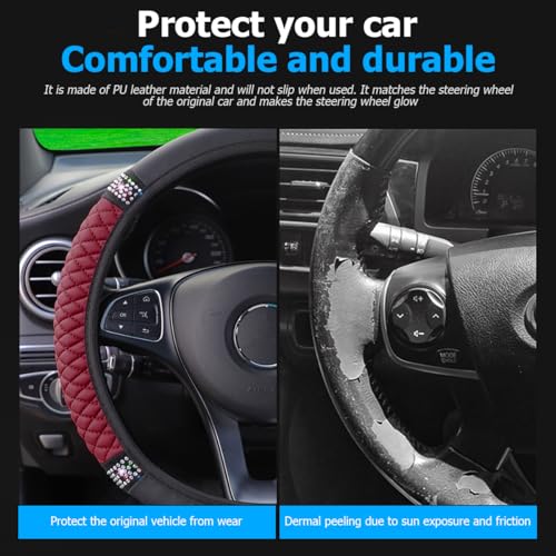 Osilly Bling Car Steering Wheel Cover, 15 Inch Rhinestones Soft Leather Elastic Steering Wheel Protector, Sparkly Crystal Diamond for Women Girls (Wine Red) - color: Wine Red