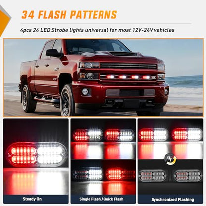 Nilight 4PCS 24LED Emergency Strobe lights 12V 24V Red White Surface Mount Grille Hazard Safety Warning Light Sync Feature Side Flashing Marker Flash for Car Truck Campers - color: Red White
