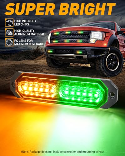 HLauto 1200T Emergency Strobe Grille Lights: 8pcs 12 LED Sync Feature Safety Warning Flashing Lights, Ultra Slim Surface Mount Hazard Caution Lights for Trucks, Vehicles, Car, ATV, UTV (Amber Green) - color: Amber/Green