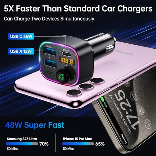 Syncwire Bluetooth 5.4 FM Transmitter Car Adapter 48W (PD 36W & 12W) [Light Switch] [HiFi Bass Sound] [Fast Charging] Wireless Radio Music Adapter LED Display Hands-Free Calling Support USB Drive - color: Black, style: 48W