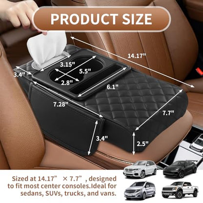 5-in-1 Car Armrest Cushion, Multifunctional PVC Leather Center Console Armrest Pillow Elbow, Universal Arm Box Pad Cover with Cup Holder, Phone Slot, Tissue Box Slot & 2 Storage Bags, Beige - color: Beige