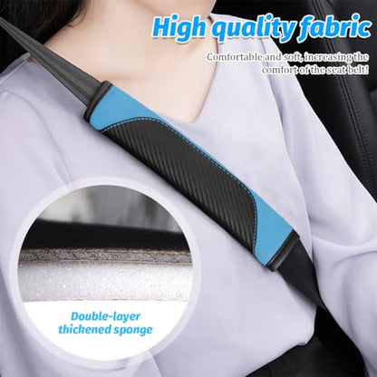 2PCS Carbon Fiber Car Seat Belt Cover, Leather Comfortable Soft Vehicle Seatbelt Pad for Shoulder & Neck, Automotive Interior Seat Strap Cushion Mat, Universal Fit (Black/Blue) - color: Black/Blue