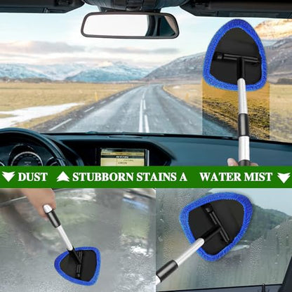 Windshield Cleaning Tool, Car Window Cleaner with 4 Washable Reusable Microfiber Pads, Auto Interior Exterior Extendable Long Handle Glass Wiper Cleaning Kit Universal for Office and Home (Blue) - color: Blue