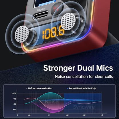 Syncwire Bluetooth 5.4 FM Transmitter Car Adapter 42W [Light Switch] [Stronger Dual Mics] [HiFi Deep Bass] [Fast Charging] Wireless FM Radio Music Adapter Hands-Free Calling Support USB Drive, Red - color: Red