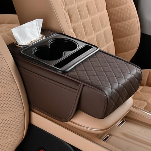 Multifunctional PU Leather Car Armrest Box Mat, 5-in-1 Center Console Cushion Cover with Storage Box, Cup & Phone Slot & Tissue Holder, Universal Waterproof Interior Organizer (Coffee) - color: Coffee
