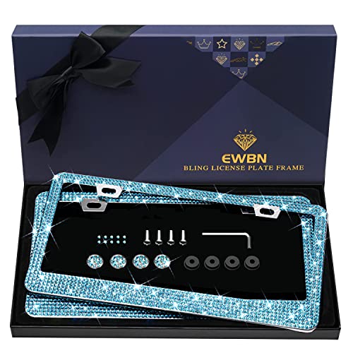 Bling Rhinestone License Plate Frame for Women 2PC，Diamond Sparkly License Plate Frames| Stainless Steel Frames & Over 1200 pcs Finest 14 Facets Glass Crystals Premium Diamond+GiftBox(Blue) - color: Blue-2PK