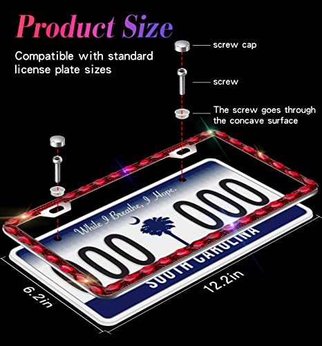 2 Pack Red Bling License Plate Frame, Sparkly Stainless Steel License Plate Frames for Women, Set with 44 Gemstones, 400 14 Faceted Glass Diamond Rhinestones License Plate Covers - color: red-2pcs
