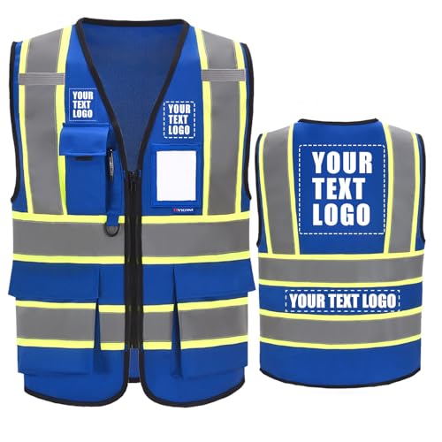 AYKRM Custom Logo Personalised Printed High Visibility Reflective 2 two tone work construction Safety Vest - color: Blue, size: X-Small