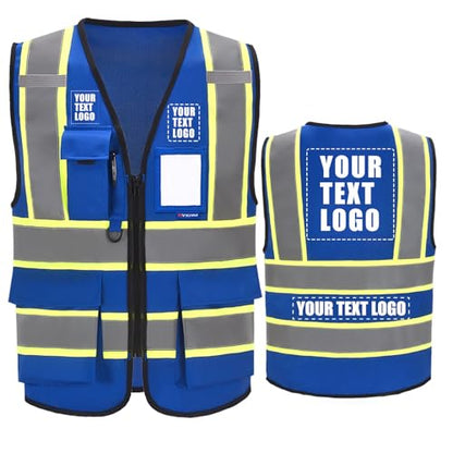 AYKRM Custom Logo Personalised Printed High Visibility Reflective 2 two tone work construction Safety Vest - color: Blue, size: Small