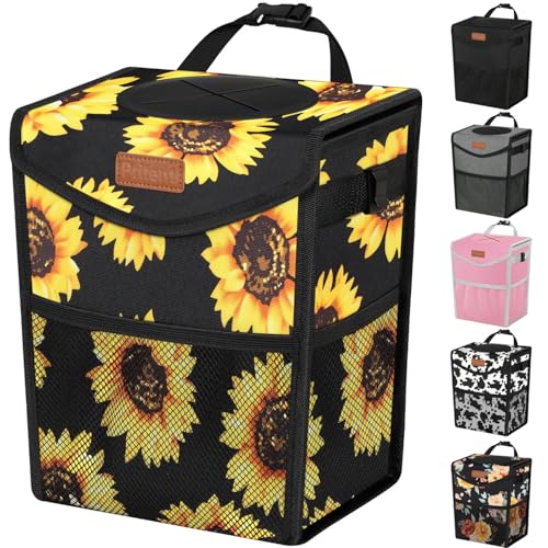 Pritent Car Trash Can with Lid, Cute Leakproof Car Trash Garbage Bag Hanging Vehicle Trash Bin Small Portable Automotive Garbage Cans Organizer for Back/Front Seat(Trapezoid,Black Sunflower - color: Black Sunflower, size: 2 Gallons