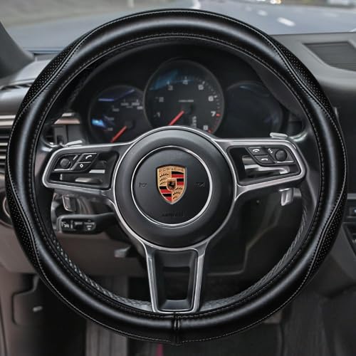 HAOKAY Top Grade Black Genuine Leather Steering Wheel Cover Men Women, Luxury Steering Wheel Cover for Cars, SUVS and Trucks，Universal 14.5-15 inch - color: BLACK