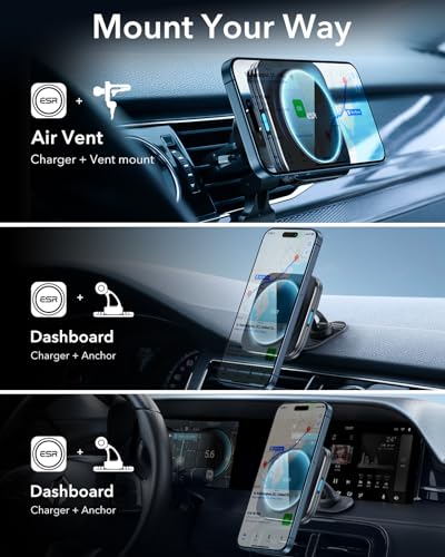 ESR for 15W MagSafe Car Mount Charger, MagSafe Car Charger, Air Vent/Dashboard Magnetic Wireless Phone Holder Mount for iPhone 17e/17/16/15/14/13/12, Galaxy S26/S25, Pixel 10, Fast Charging