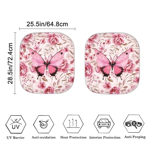 Pink Butterfly Car Sun Shade for Windshield, 2-Pack, Universal Fit, 28.5 x 25.5 inches, Butterfly Print - color: Pink Butterfly
