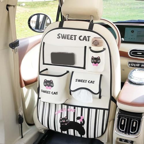 YUNZLAN Leather Backseat Car Organizer, Kick Mats Back Seat Protector with Touch Screen Tablet Holder Back Seat Organizer for Kids with 4 Storage Pockets Travel Accessories (BeigeBlackCat) - color: BeigeBlackCat