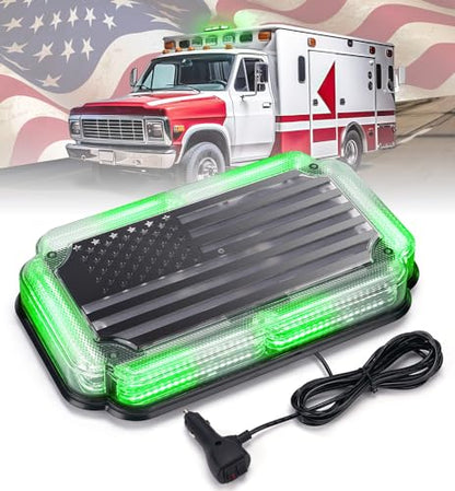 Xprite 108 LED Roof Top Strobe Light, US Flag Pattern Mail Postal Car Light Bar, Emergency Safety Warning LED Mini Strobe Lightbar w/Magnetic for Patrol Vehicles Law Enforcement Trucks, Green White - color: Green White