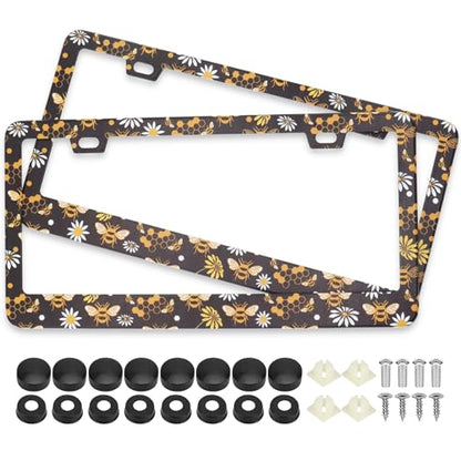 Bee Honeycomb and Flowers License Plate Frames, 2 Pack Bee Honeycomb Flower Car Plate Frame, Stainless Steel License Plate Holders Covers with Free Screws Fasteners Caps (Bee Flowers) - color: Bee flowers