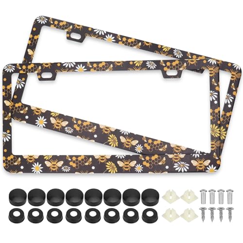 Bee Honeycomb and Flowers License Plate Frames, 2 Pack Bee Honeycomb Flower Car Plate Frame, Stainless Steel License Plate Holders Covers with Free Screws Fasteners Caps (Bee Flowers) - color: Bee flowers