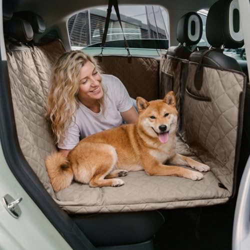 FUNNY FUZZY Dog Car Seat Cover, Back Seat Extender for Dogs - 420Lb Hard Bottom Waterproof Pet Car Seat Cover, 600D Heavy Duty Pet Hammock with Non-Slip Bottom for Cars, SUV, Trucks - color: Taupe